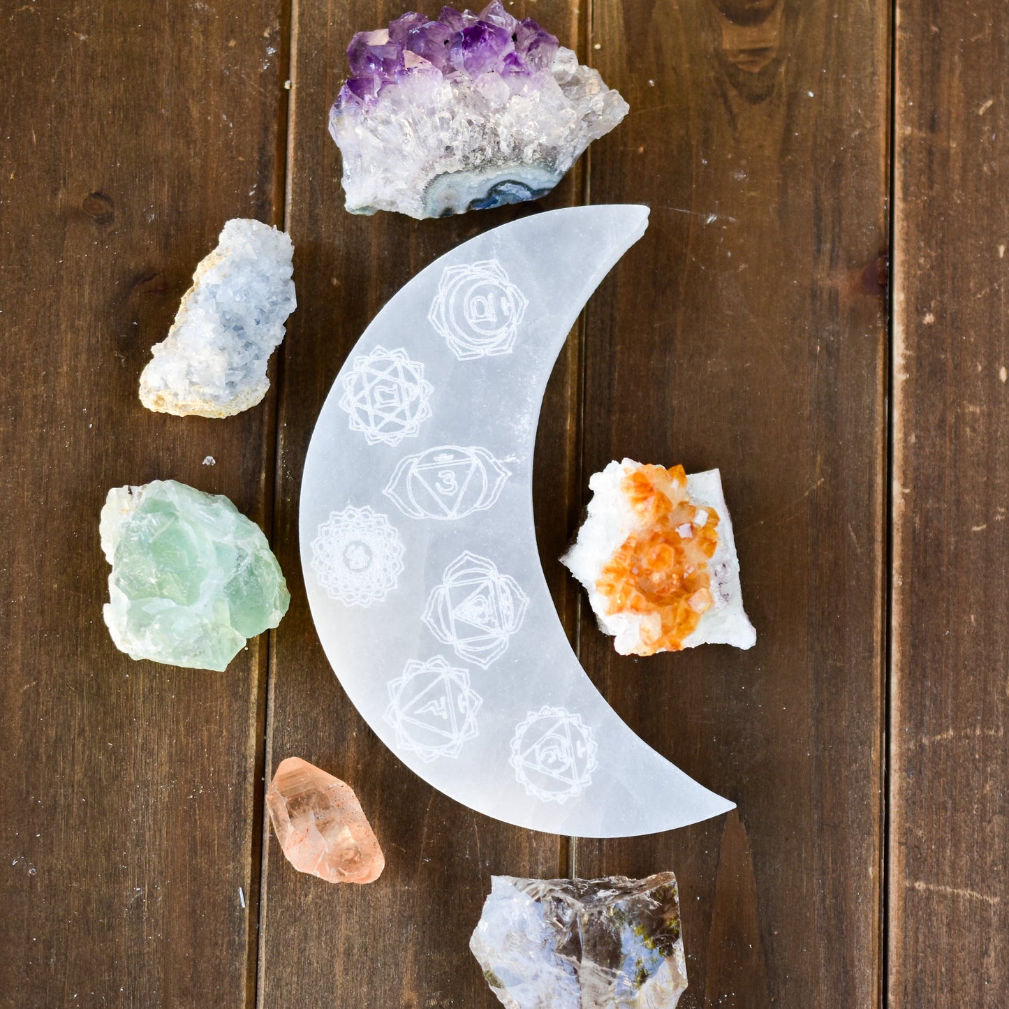 7 Chakra Crescent Moon Selenite Charging Plate