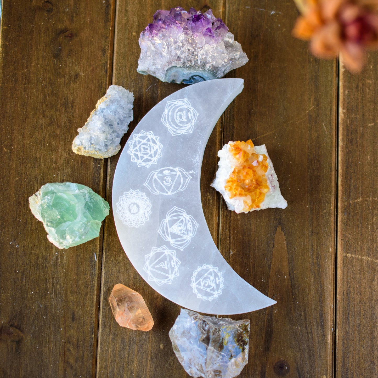 7 Chakra Crescent Moon Selenite Charging Plate
